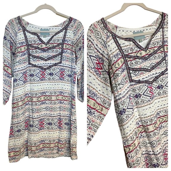 Skies Are Blue Ladies 3/4 Sleeve Aztec, Tribal, BOHO Style V Neck Dress Size 8 - Picture 1 of 8